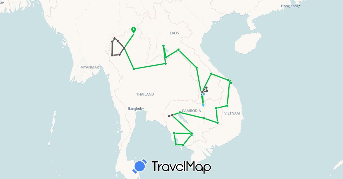 TravelMap itinerary: driving, bus, boat, motorbike in Cambodia, Laos, Thailand, Vietnam (Asia)